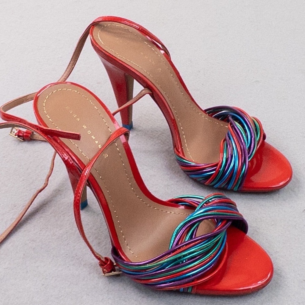 Zara Woman Red Patent Leather Multi Color Metallic Cord Stiletto Sandals 36